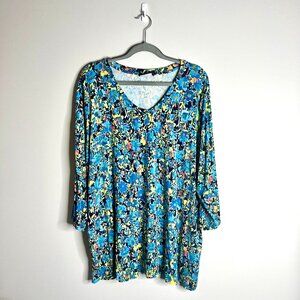 LOGO by Lori Goldstein Flowy Blue Ditsy Floral Colorful V-Neck Tunic Top Sz 2X